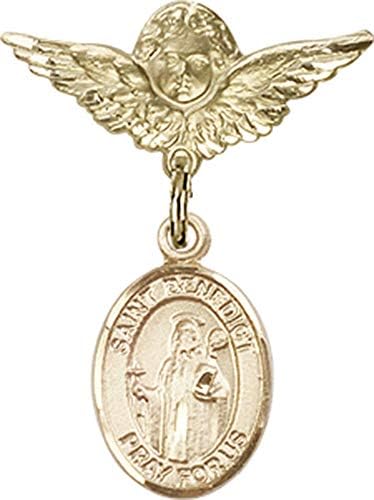 Детски икона Jewels Мания за талисман на Свети Бенедикт и пин Ангел с крила | Детски иконата със златен пълнеж с талисман на Свети