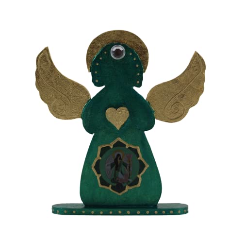 Уникална Дървена Статуетка на Ангел Щастие от Изумрудено зелено Злато, Статуя на Архангел Рафаел за Домашен интериор с Позлатени Крила и със Сърцето, Подарък за Ле?