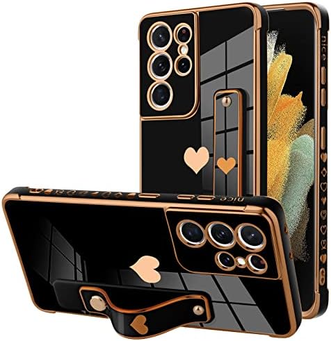 KANGHAR Предназначен за Samsung Galaxy S21 Ultra Case с каишка Luxury Love Heart със Златно покритие, Броня, Калъф за телефон, Гривна,