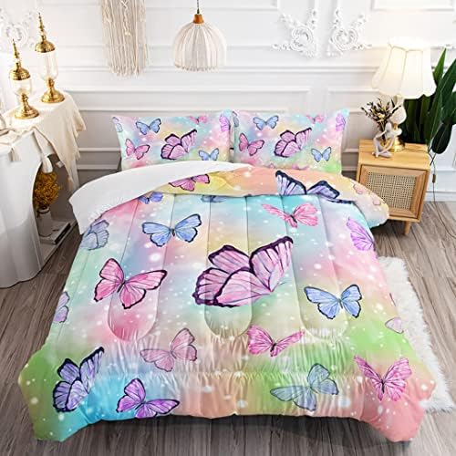 DYcolor 3D Романтично Многоцветное Стеганое одеяло с принтом пеперуди, Комплект от 3 теми с Дъгова Летящей пеперуда, 1 Стеганое одеяло и 2 Калъфки за възглавници за жени/?