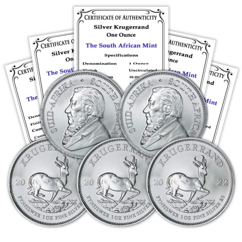 2022 ЗА Лот (5) южна африка сребърни монети Крюгерранд с тегло 1 унция, Лъскава, не циркулира, със сертификати за автентичност 1 Ранд БУ