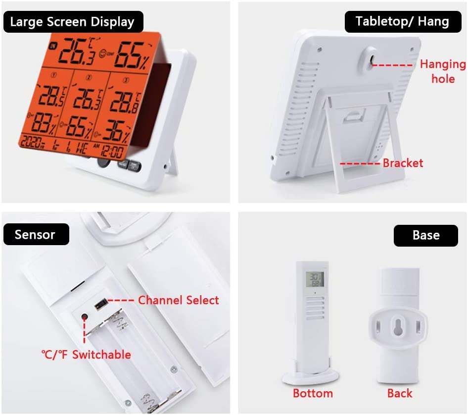 Вътрешен Външен Термометър с 3 Безжични Датчици, Цифров Термометър-Влагомер, Измерване на температура и влажност с LCD подсветка,