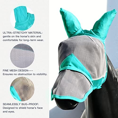 Маска HUIRHUIR Horse Fly Mask, Дълъг нос, с Уши, защита от ултравиолетови лъчи, Подвижни клапан за носа-Сиво-син (XL, Екстра колела)