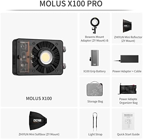 Zhiyun Molus X100 Pro 100 Watt Led студиен лампа за видеозаснемане 2700 До ~ 6500 До как става това с батерията на дръжката, адаптер