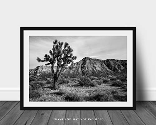 Гравюра на западната снимка (без рамка) Черно-бяло изображение на дървото на Джошуа и планините, в пустинята на Аризона Стенно изкуство