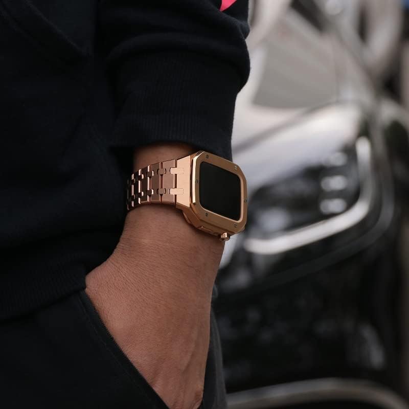 Комплект модификация EEOMOiK Метална каишка + калъф за Apple Watch Band 45 мм 44 мм Промяна Гривна-маншет за iWatch Series 8 7 6 5 4 SE Band (Цвят: за I, размер: 45 mm)