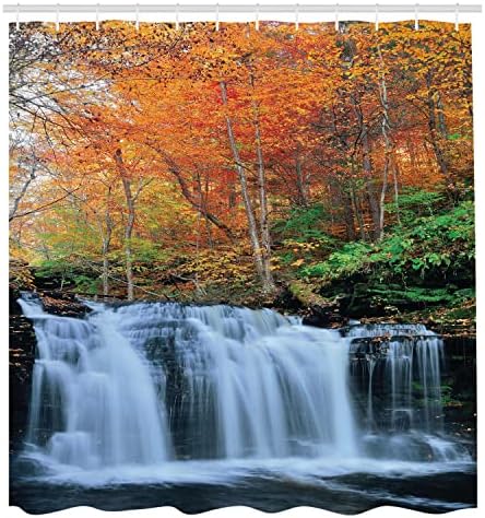 Завеса за душ с Водопад Ambesonne, Водопади в Есенния сезон, Естествен парк с Цветни Листа на Дърветата, Текстилен Комплект за вашия