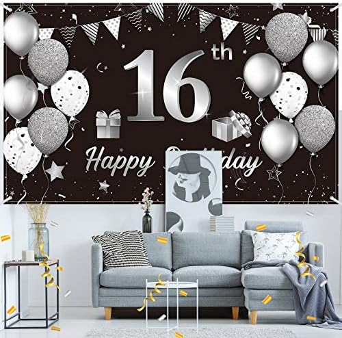 От 16-Ти Рожден Ден на Фона на Банера е Много Голяма Кърпа Черен Сребрист 16-ия Рожден Ден Знак Плакат Фон за Снимки на Фона на