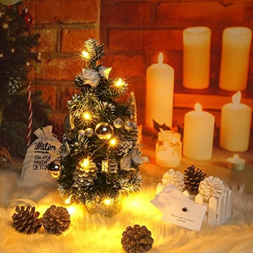 Настолен Мини Коледно дърво 15,7 , Малка Изкуствена Коледна Елха с Led Гирлянди и Украшения, Домашно приготвени Коледна Декоративна
