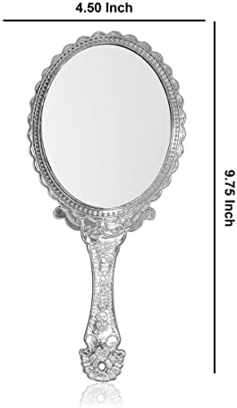 Ръчно Огледало Dalal 11,5 Инча, Ръчно Огледало с дръжка, Джобно Огледало, Пластмасово Кръгло Огледало за Лична Грим - Сребърен