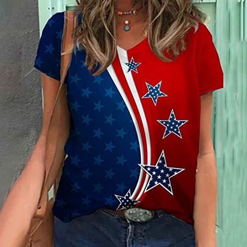 На 4 юли 2023, Тениски за Жени, в началото на с Американския Флаг, Тениска с V-образно деколте, Къс Ръкав, Свободни Ежедневни Блузи