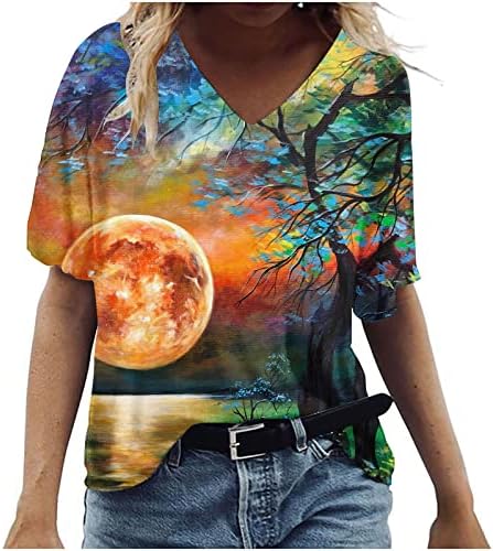 Топ За Момичета с Къс Ръкав 2023 Памук V Образно Деколте Цветен Графичен Салон Свободно Намаляване на макси Блуза, Тениска за Жени
