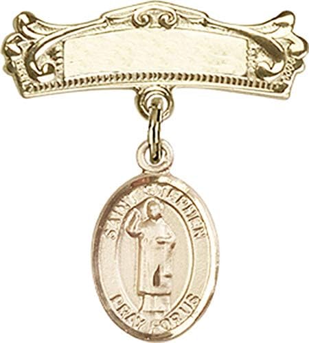 Детски икона Jewels Мания за талисман на Св. Стефан Мъченик и Извита полирани игла за иконата | Детски икона от 14-каратово злато