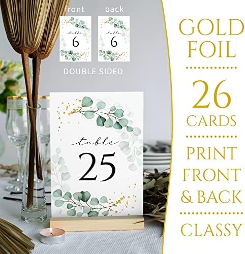 1-25 Номера на сватбени маси, Плюс карта за главен масата, 26 Опаковки Елегантни картички с принтом под формата на зеленина евкалипт