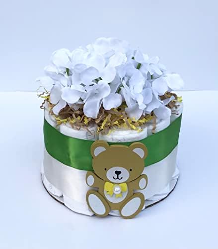 Мини-торта от памперси - централна украса В стил плюшено мече - Неутрално-Детски душ -подарък