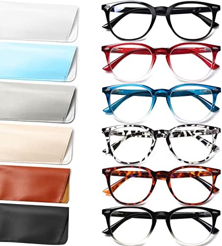 Henotin 6 Опаковки Очила за четене за Жени И Мъже, Блокиране на Синя Светлина, Стилни Компютърни Ридеры с Кожен Калъф