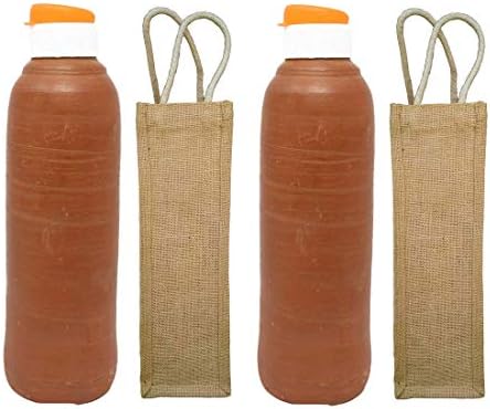 Odishabazaar Опаковка от 2 Глинени Теракота бутилки, ръчно изработени /Real Mitti Неглазурованная Бутилка за Вода + Джутовый опаковка