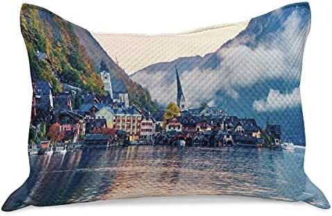 Калъфка за възглавница от австрийския вязаного одеяла Ambesonne, Мъглива Есента Изгрева на слънцето на брега на езерото Hallstatt