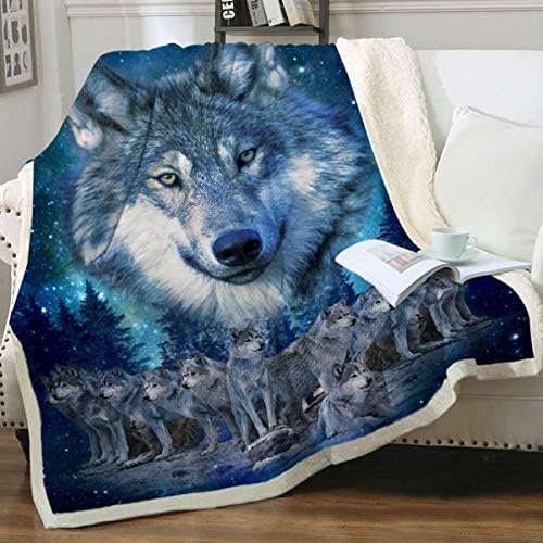 Одеало Sleepwish Blue Wolf King Size, Флисовое Гъст Зимно Одеало с Вълци, Удобно Обръща Одеяло с животни, Меко Плюшевое Топло Одеяло,