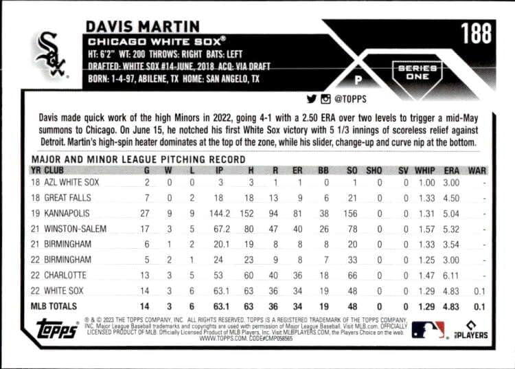 Дейвис Мартин RC 2023 Topps 188 НОВ NM+-MT+ MLB Бейзбол Уайт Сокс
