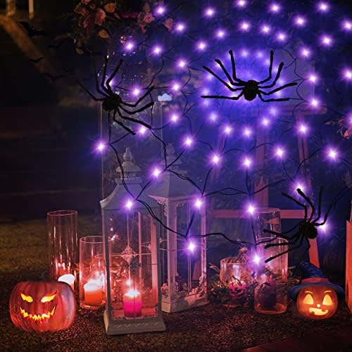 Украса за Хелоуин Spider Светлини, с 80 светодиодни Водоустойчиви лилави сетчатыми фенери и 3 Черни Паяци, с Водоустойчив Батерии,