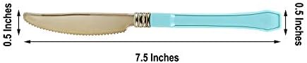 Златни Пластмасови ножове - 7,5 инча | Синя дръжка | Опаковка от 24 броя