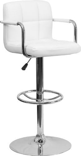 Flash Furniture 2 опаковки Модерен бял ватиран винил бар стол с регулируема височина, с подлакътници и хромирано основание